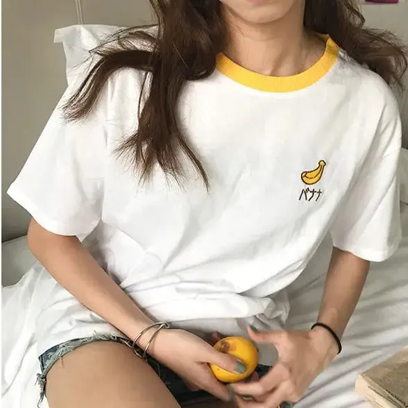 2023 Cotton Fresh Sweet Simple Regular Summer Fruit Embroidered College Wind Patchwork Loose Cotton Short Sleeve Female T-shirts