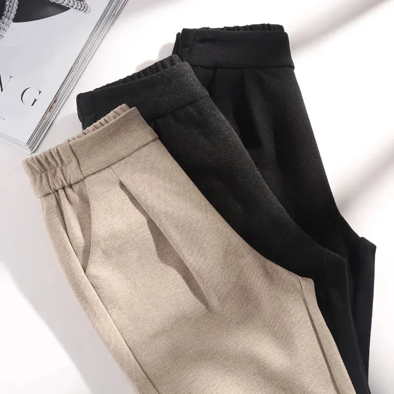 3 Colors Woolen Pants Women's Harem Pencil Pants 2024 Autumn Winter High Waist Elastic Korean Style Lady Suit Pants Trousers