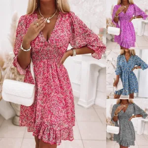 3/4 Length Sleeved Floral Pattern Mini Dress
