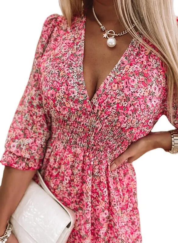 3/4 Length Sleeved Floral Pattern Mini Dress