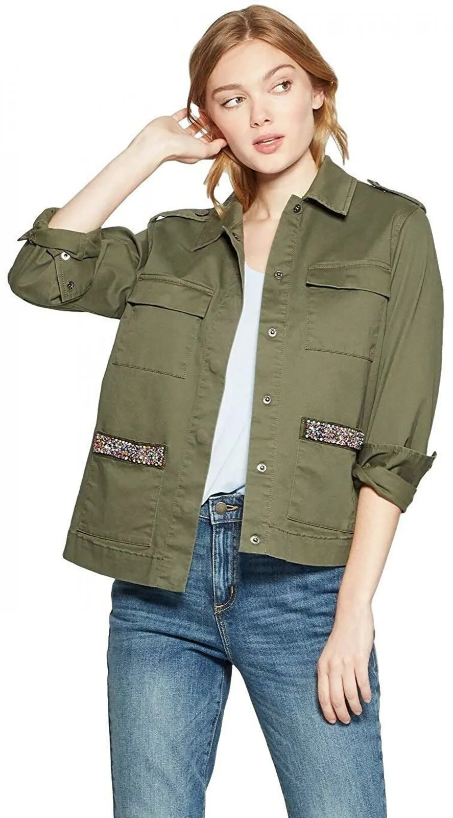 A New Day Women's Military Jacket with Pocket Beading
