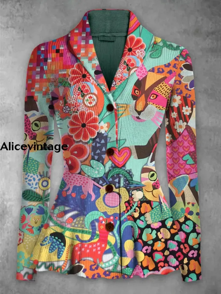 Abstract Art Print Vintage Elegant Lapel V-Neck Button Up Long Sleeve Top