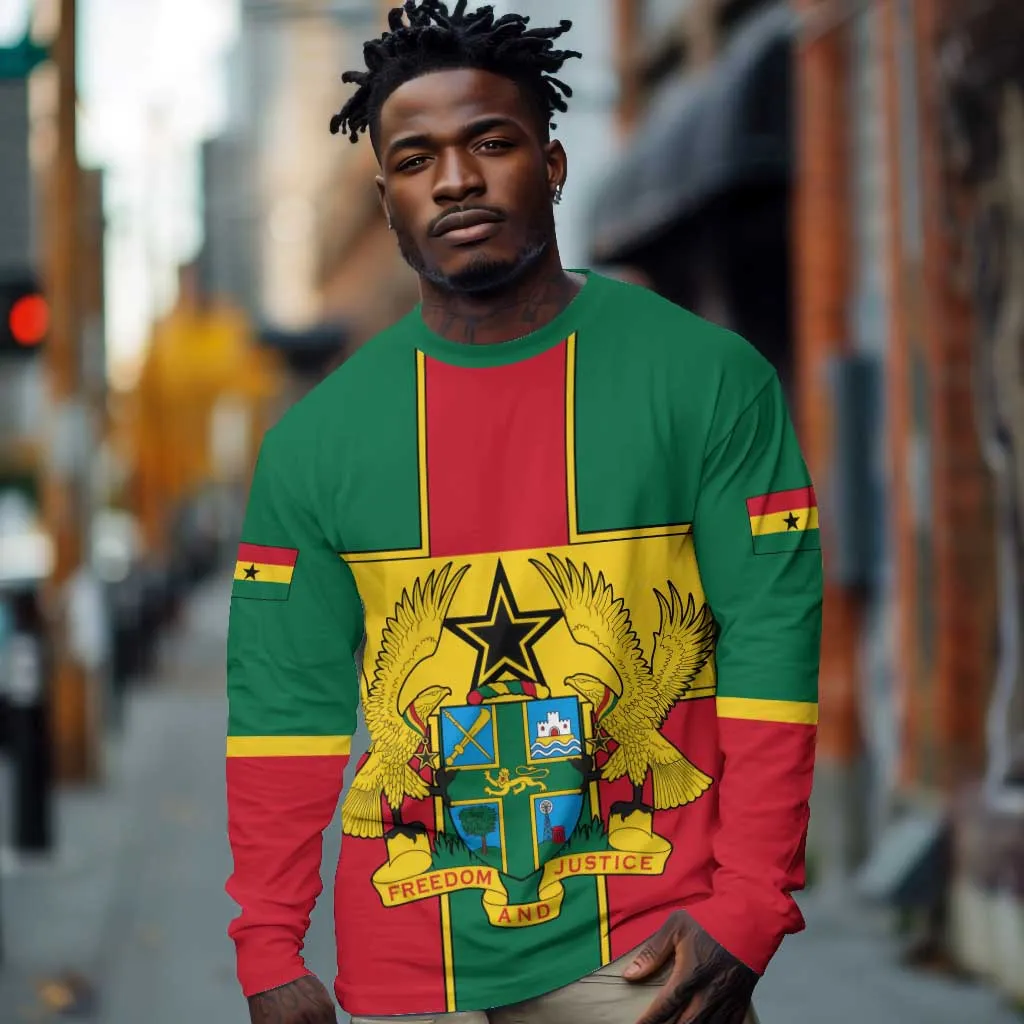 African Ghana Long Sleeve Shirt Flag with Coat of Arms Simple Design TS04