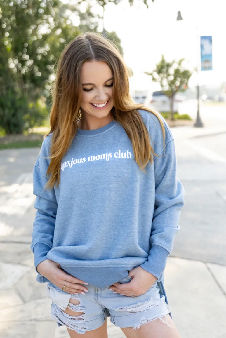 Anxious Mom's Club (Blue Jean Puff Print) - Burnout Sweatshirt / Crew