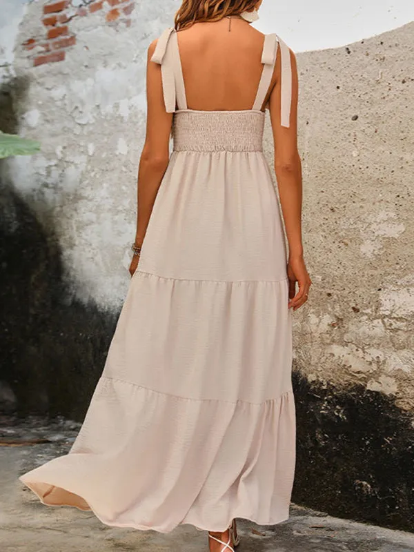 Backless Maxi Dress with Adjustable Straps and Tiered Skirt