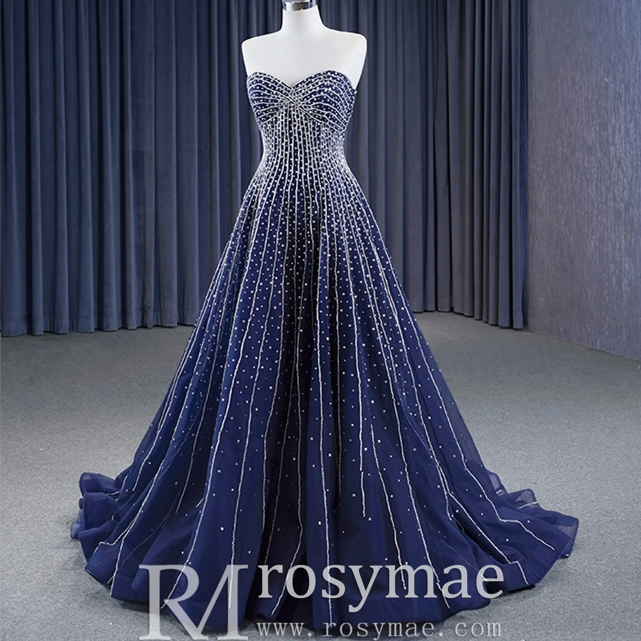 Beaded Navy Blue Wedding Dress Strapless Formal Prom Ball Gowns