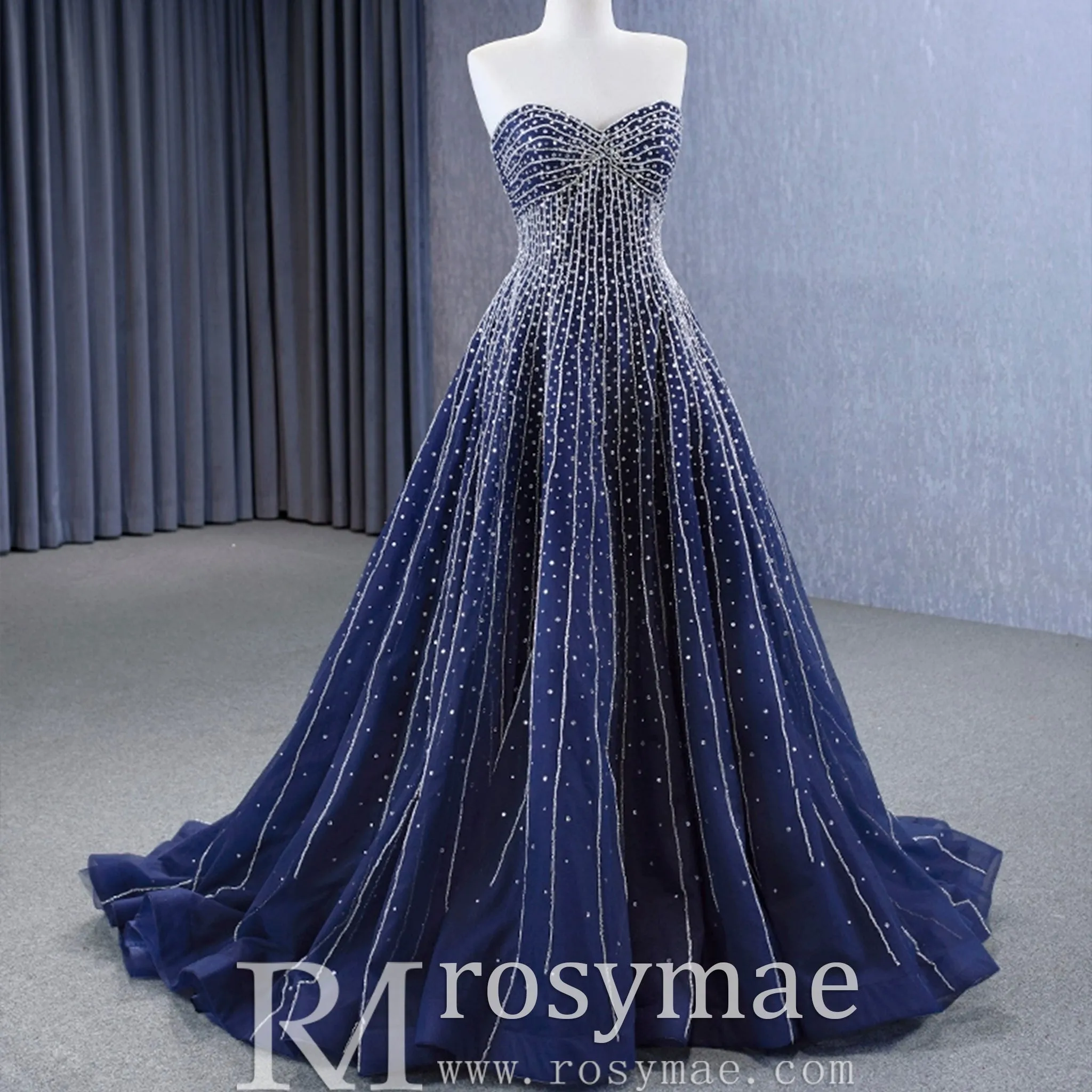 Beaded Navy Blue Wedding Dress Strapless Formal Prom Ball Gowns