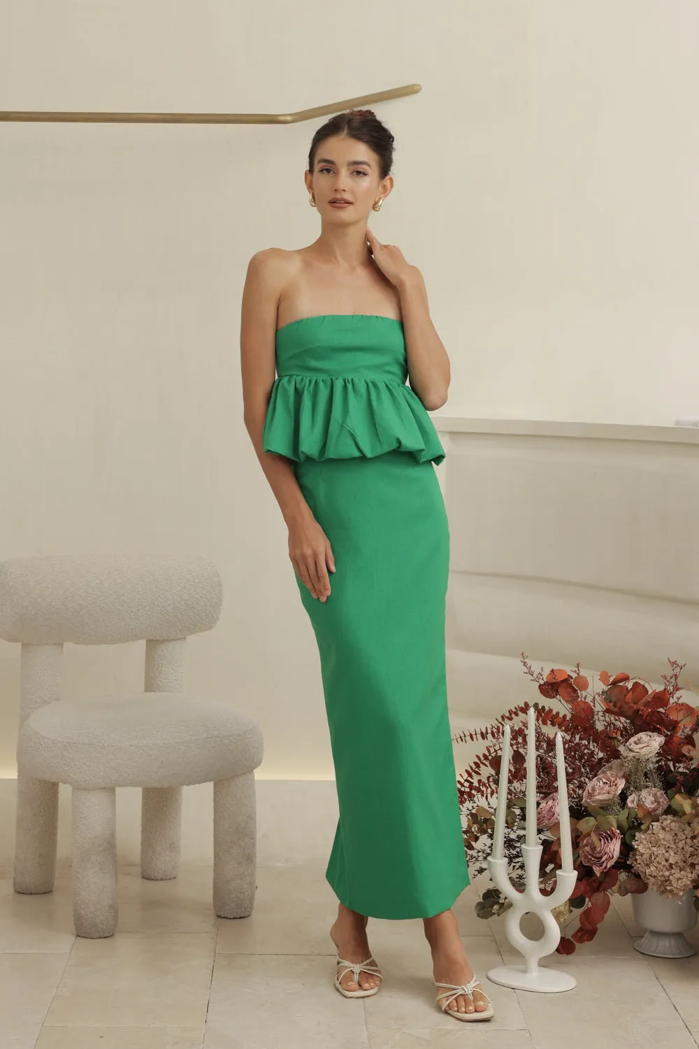 BIJOU DRESS Strapless Peplum Top and Pencil Skirt (Emerald Green Linen)
