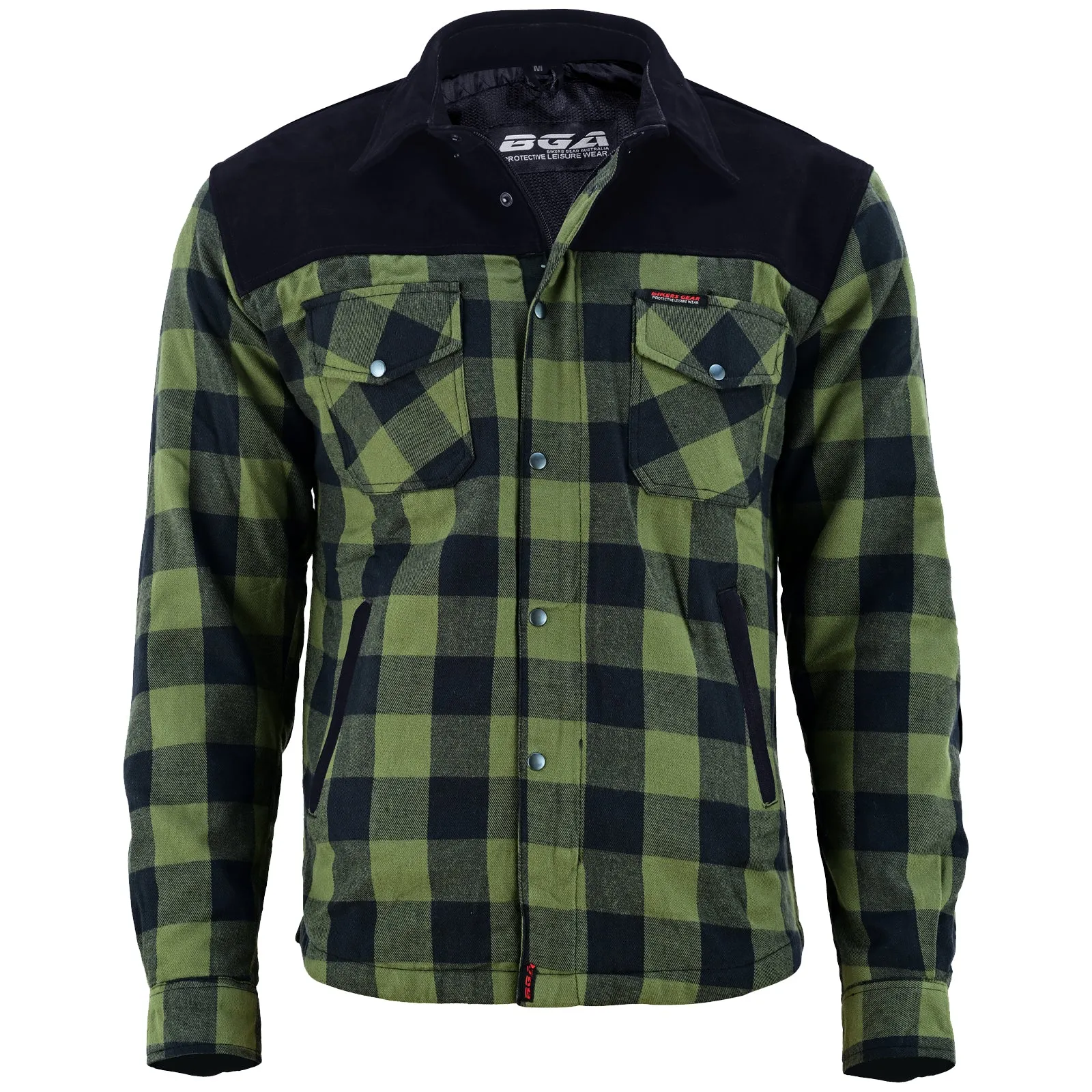 Bikers Gear Australia CE Rifster Lined with Kevlar Flannel Motorcycle Shirt Leather outside Pockets Army Green