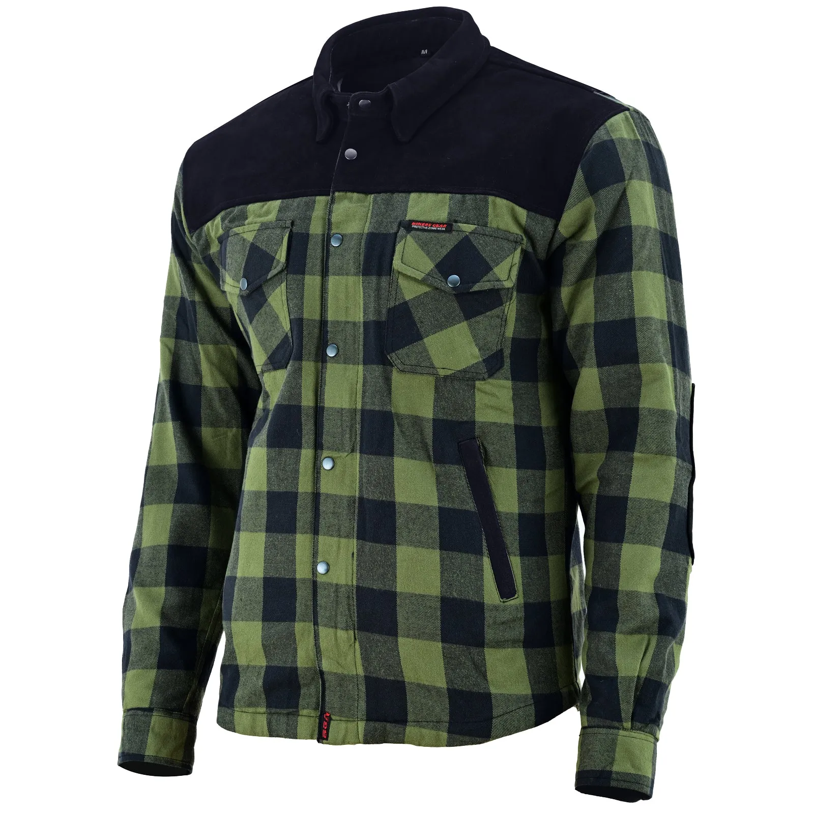 Bikers Gear Australia CE Rifster Lined with Kevlar Flannel Motorcycle Shirt Leather outside Pockets Army Green