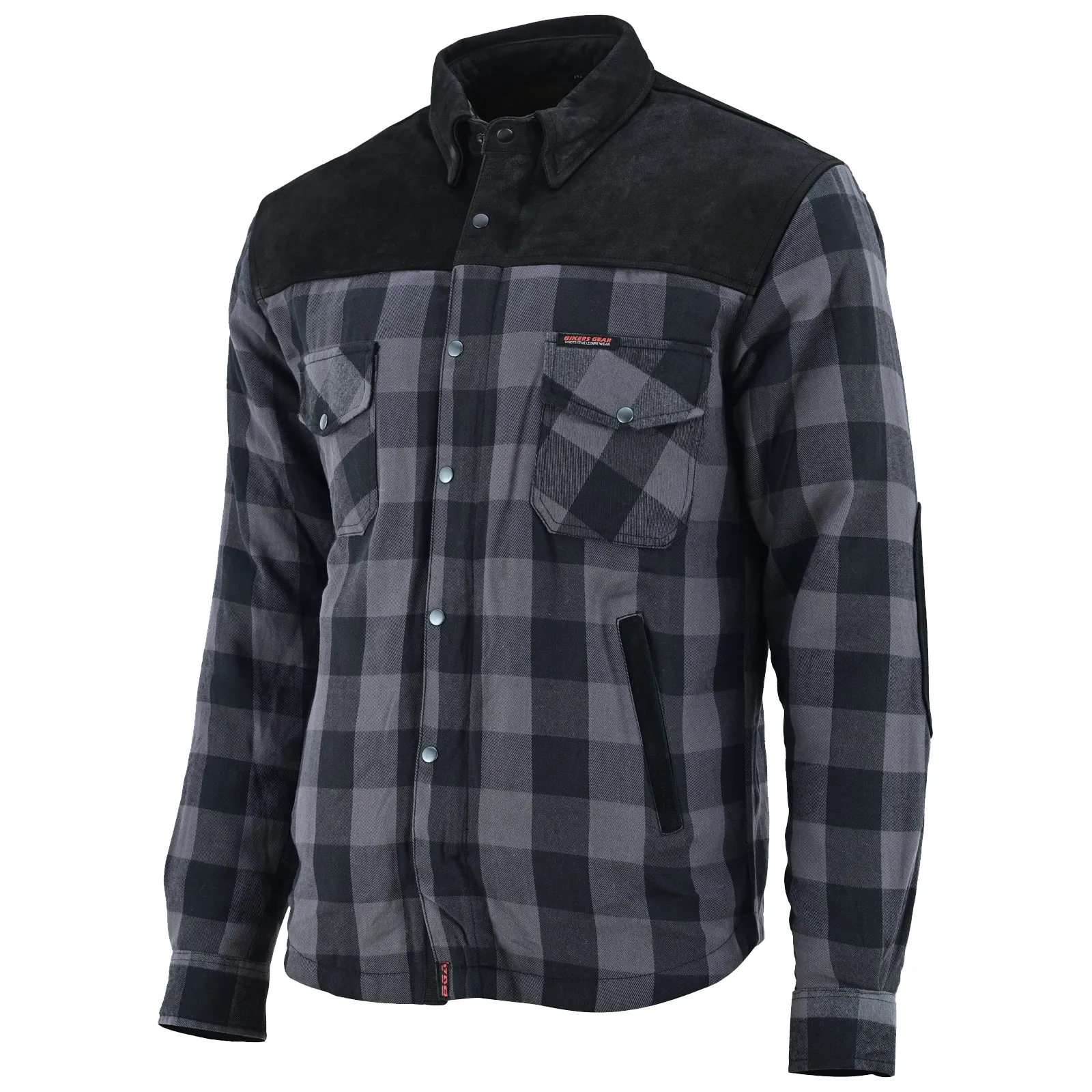 Bikers Gear Australia CE Rifster Lined with Kevlar Flannel Motorcycle Shirt Leather outside Pockets Black Grey