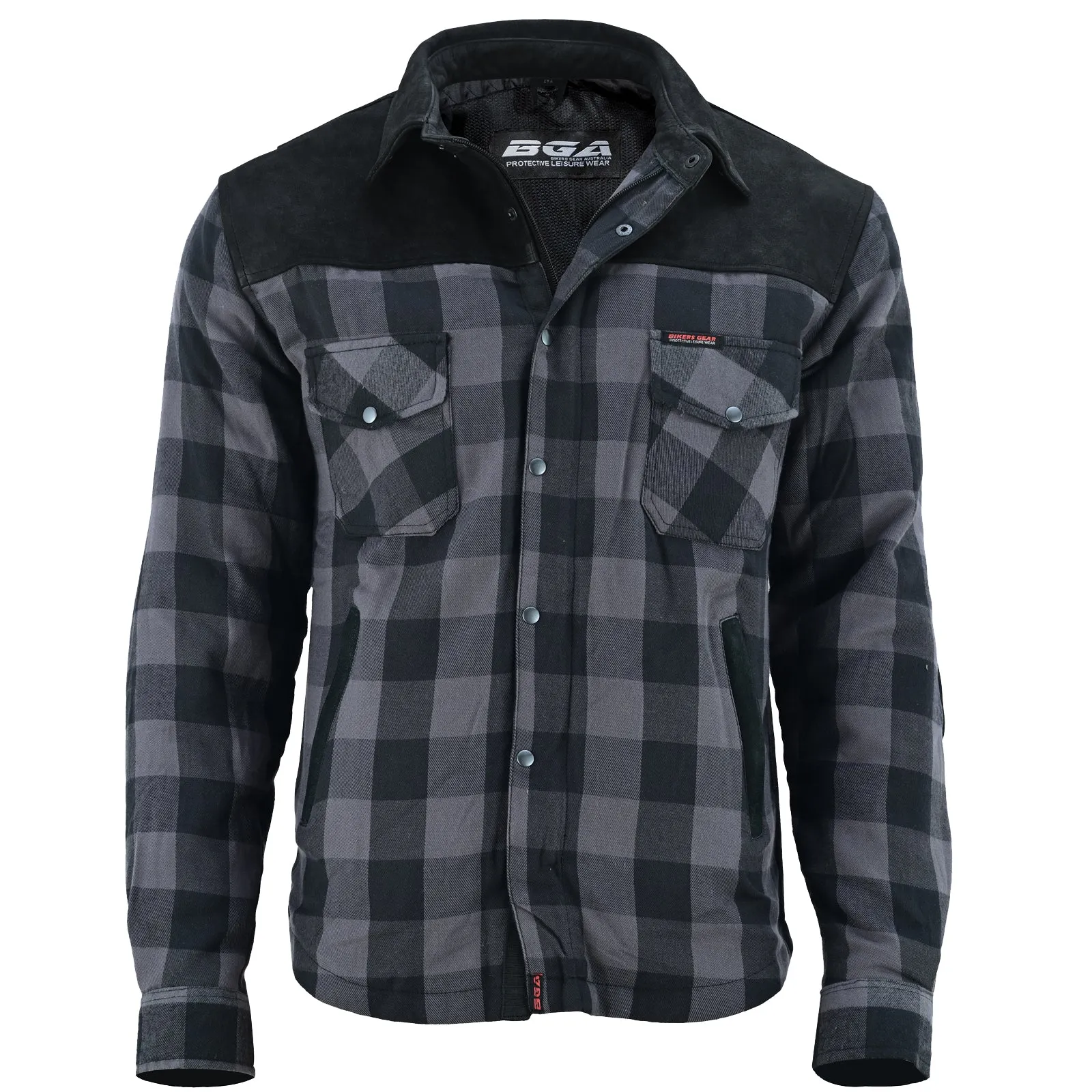 Bikers Gear Australia CE Rifster Lined with Kevlar Flannel Motorcycle Shirt Leather outside Pockets Black Grey