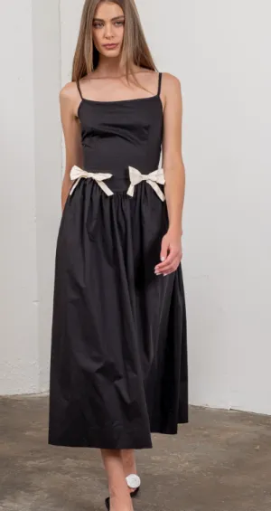 Black Cotton Sundress Ivory Bows at Waist