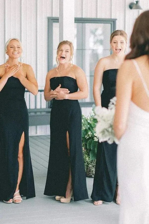 Black Satin Mermaid Sleeveless Long Bridesmaid Dresses With Slit, MBD280