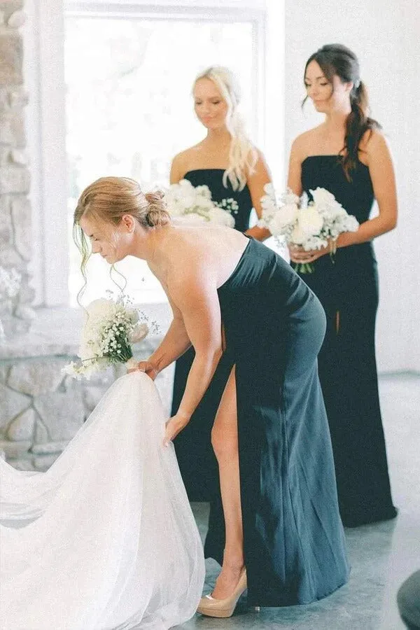 Black Satin Mermaid Sleeveless Long Bridesmaid Dresses With Slit, MBD280