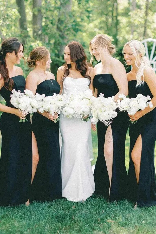 Black Satin Mermaid Sleeveless Long Bridesmaid Dresses With Slit, MBD280
