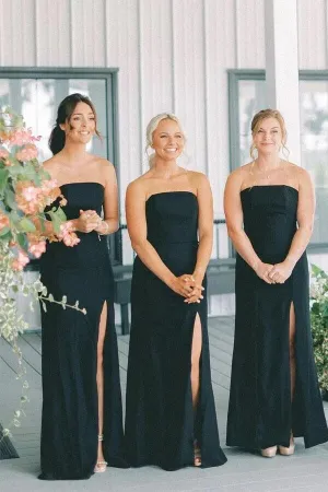 Black Satin Mermaid Sleeveless Long Bridesmaid Dresses With Slit, MBD280