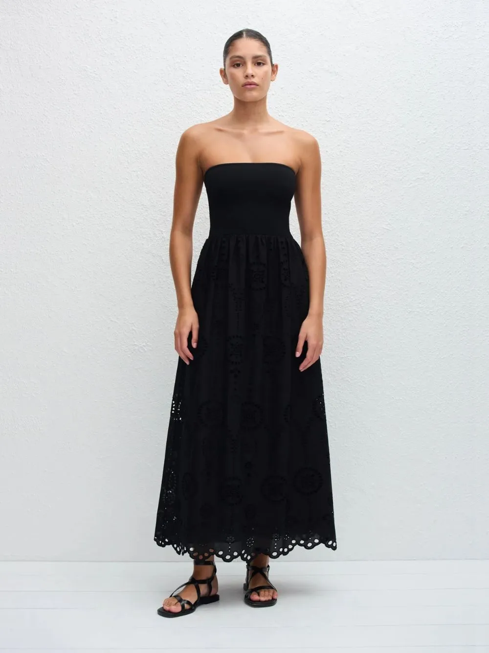 Black Strapless Knit and Broderie Dress