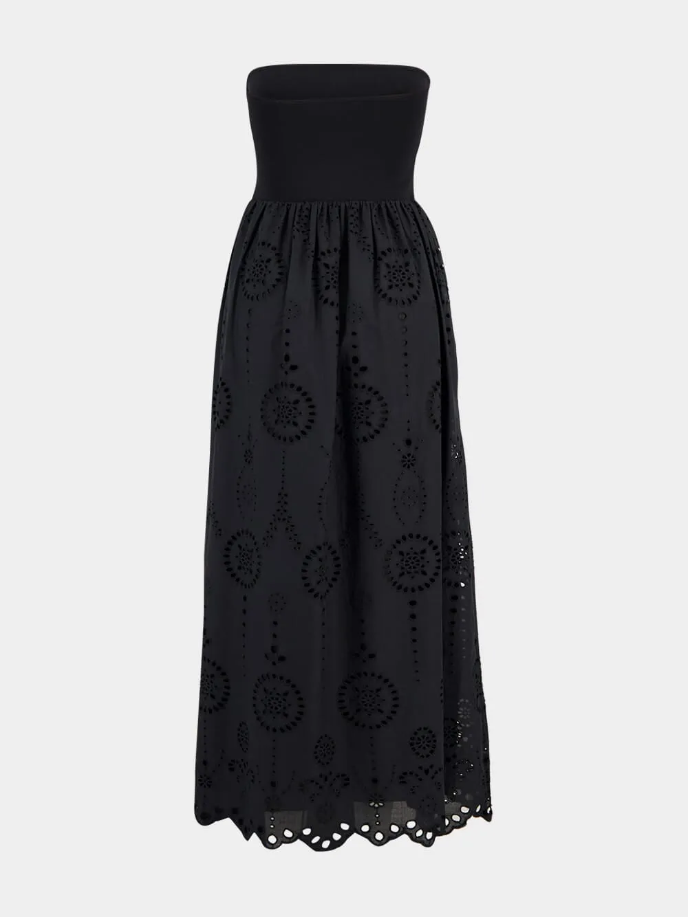Black Strapless Knit and Broderie Dress