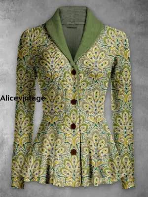 Boho Art Print Vintage Elegant Lapel V-Neck Button Up Long Sleeve Top