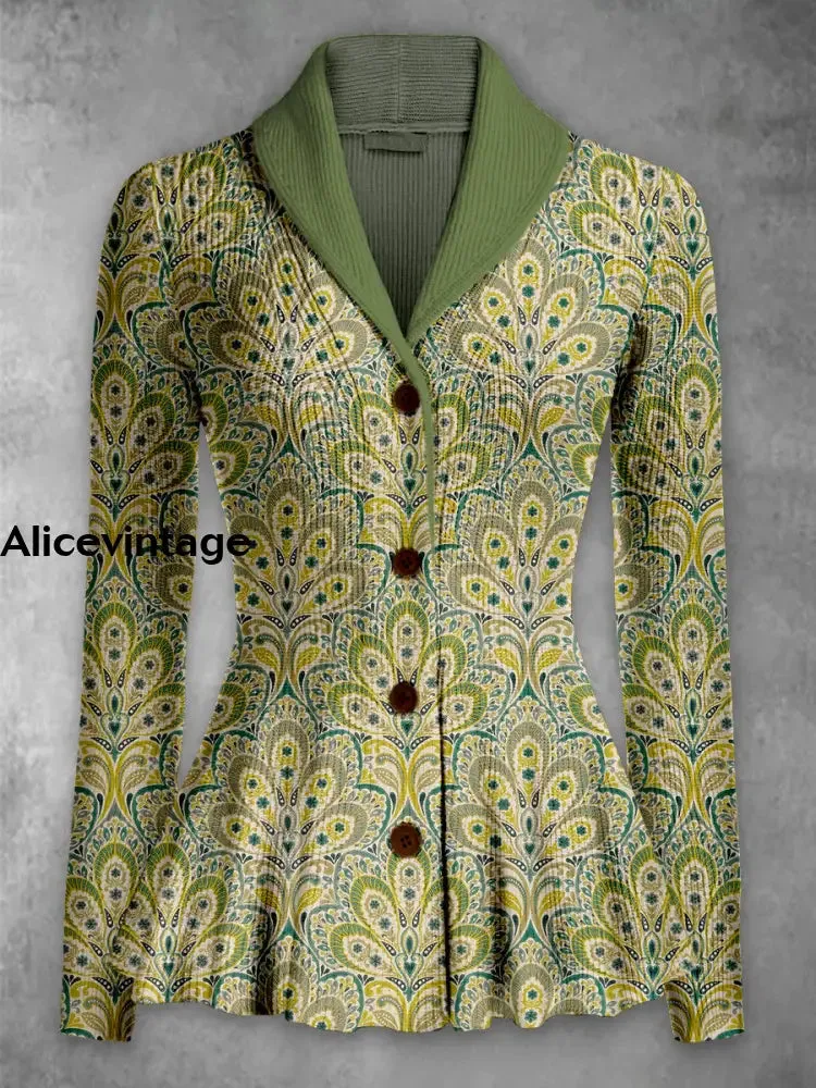 Boho Art Print Vintage Elegant Lapel V-Neck Button Up Long Sleeve Top