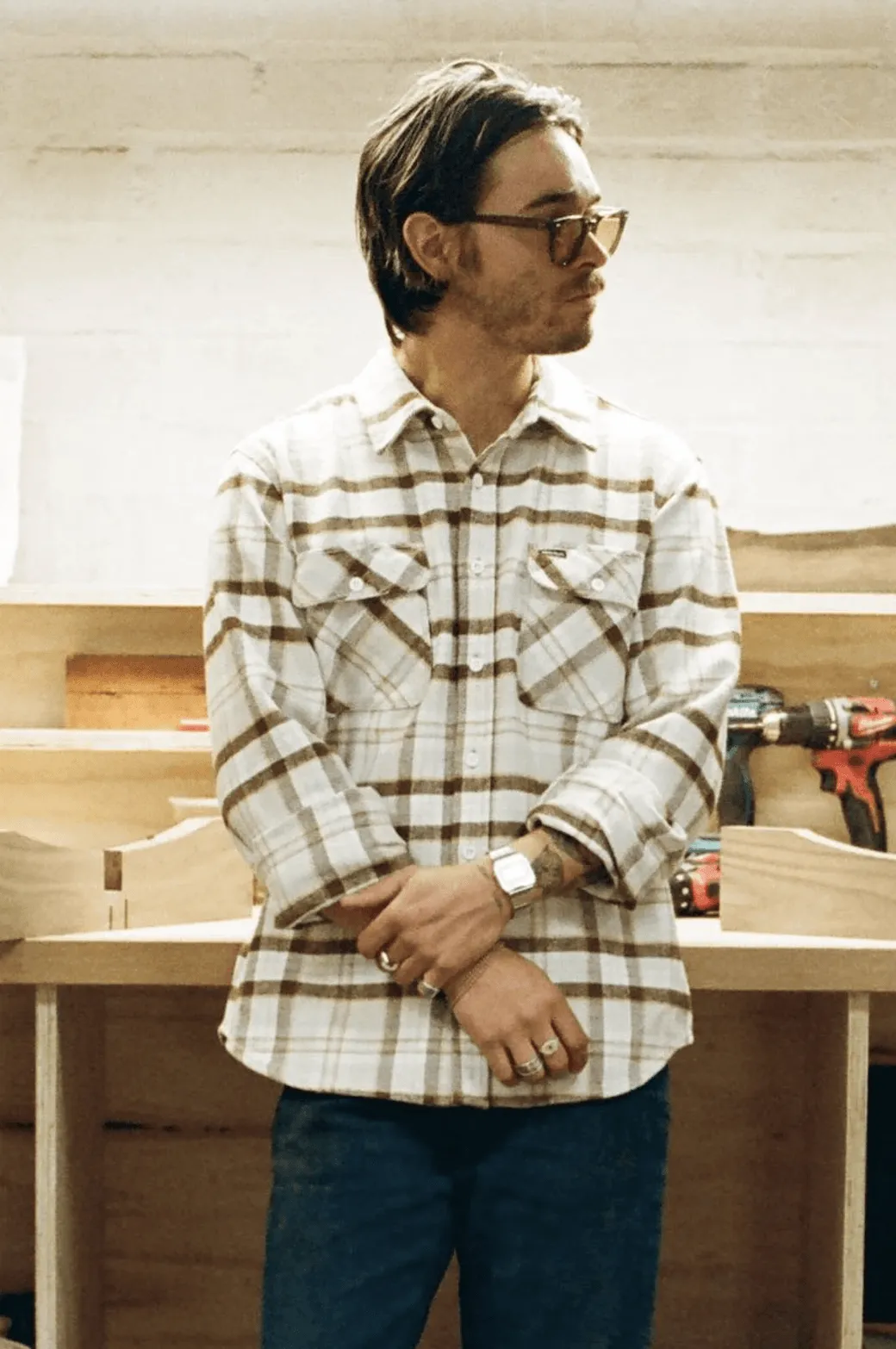 BRIXTON Bowery Heavy Weight L/S Flannel - Beige/Off White/Desert Palm