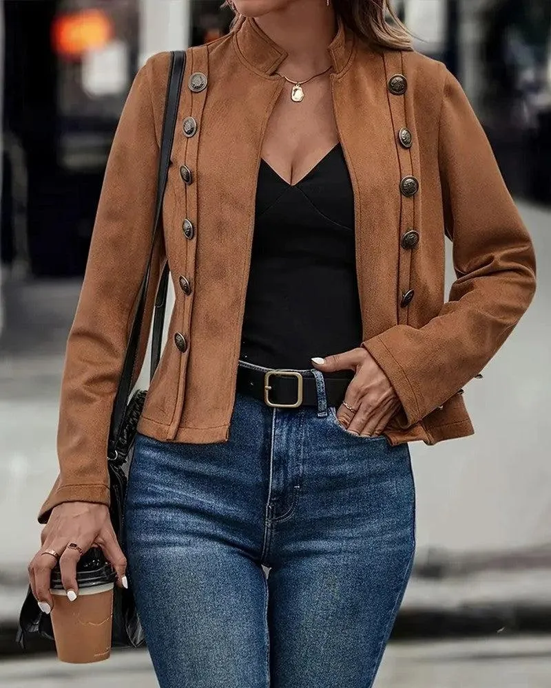 Brown Plain Collarless Outerwear