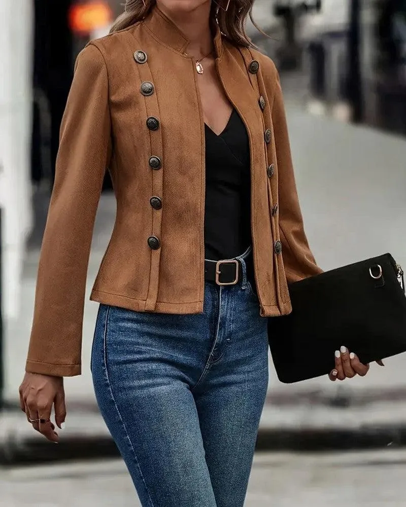 Brown Plain Collarless Outerwear