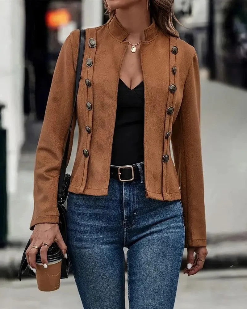 Brown Plain Collarless Outerwear