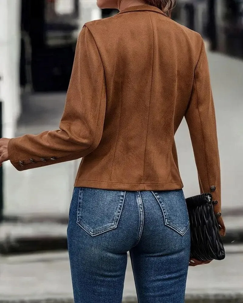 Brown Plain Collarless Outerwear