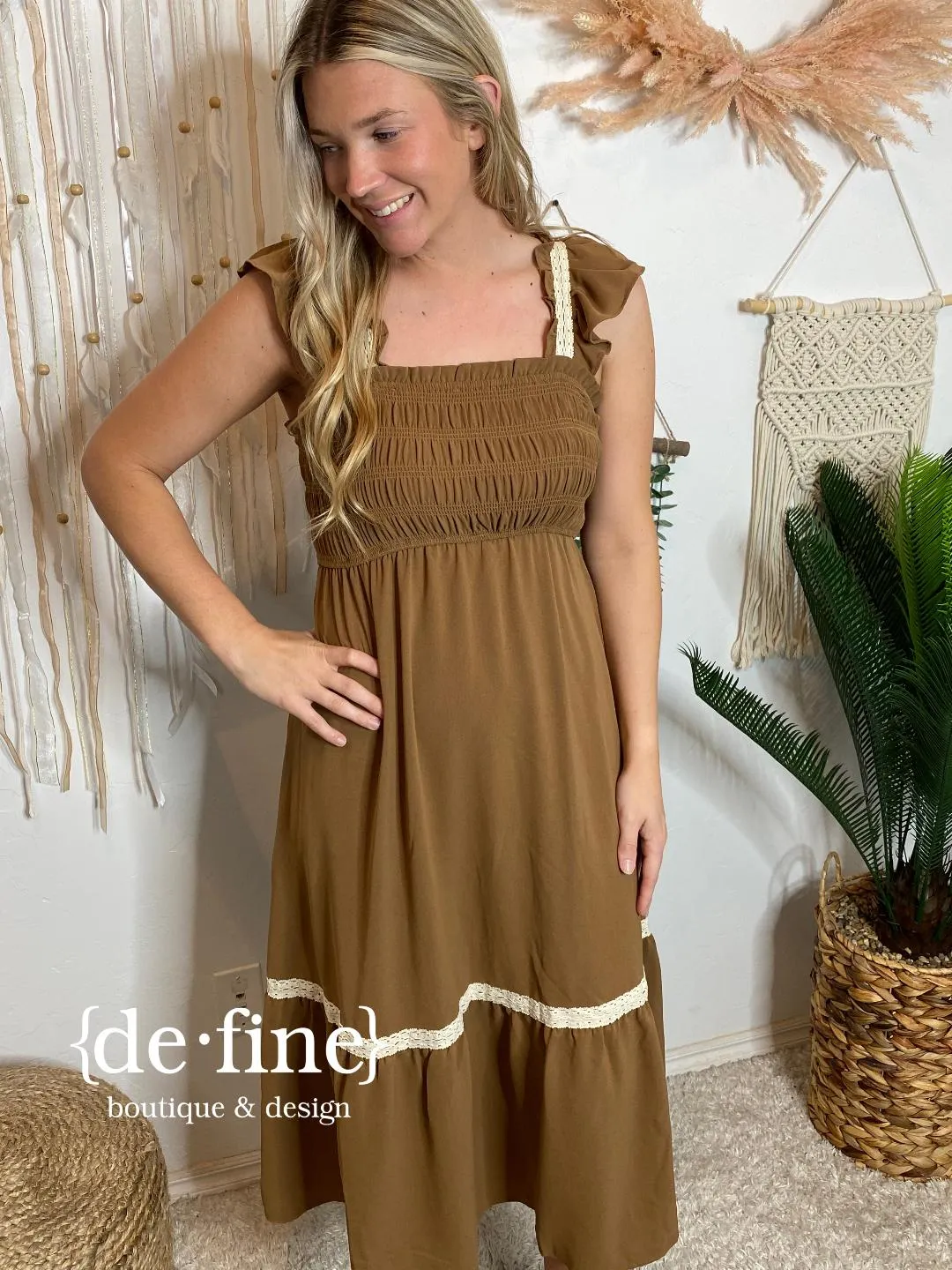 Brown Smocked Ruffle with Ivory Detail Midi Sundress