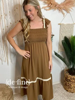 Brown Smocked Ruffle with Ivory Detail Midi Sundress