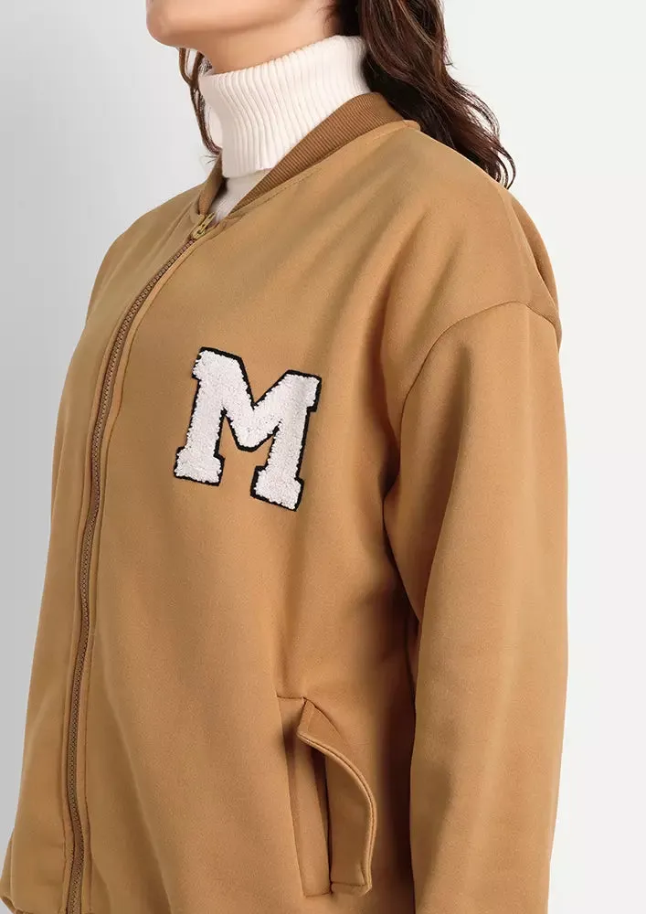 Brown Woolen Long Sleeve Varsity Jacket