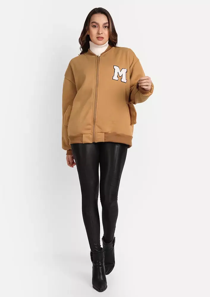 Brown Woolen Long Sleeve Varsity Jacket