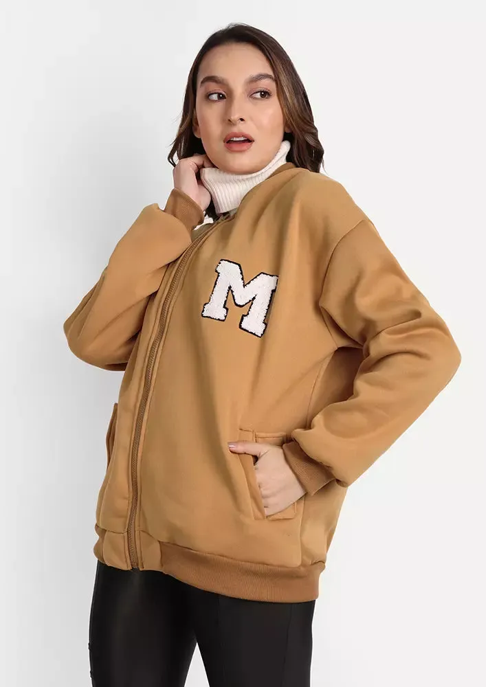 Brown Woolen Long Sleeve Varsity Jacket