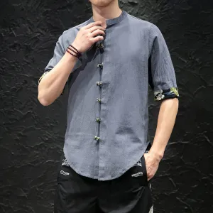Buddha Stones Men's Frog-Button Colorblock Dragon Waves Half Sleeve Shirt