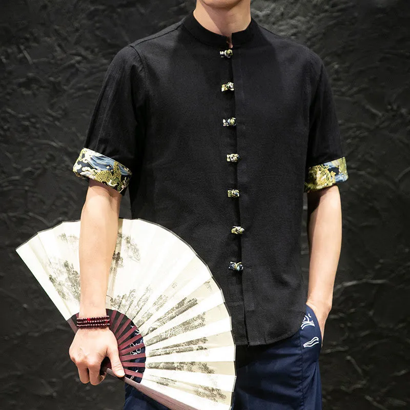 Buddha Stones Men's Frog-Button Colorblock Dragon Waves Half Sleeve Shirt