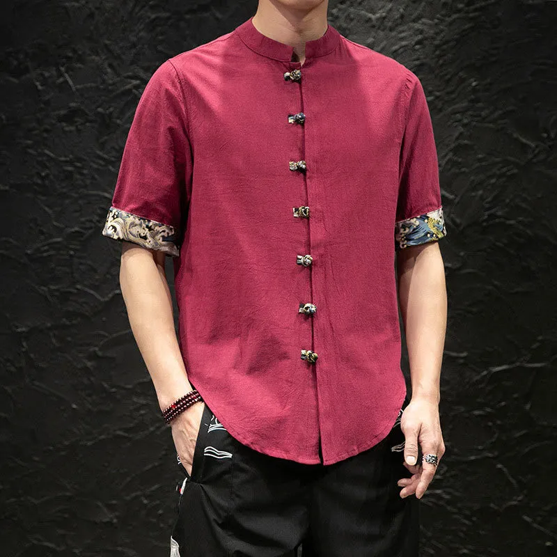 Buddha Stones Men's Frog-Button Colorblock Dragon Waves Half Sleeve Shirt