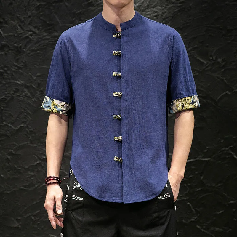 Buddha Stones Men's Frog-Button Colorblock Dragon Waves Half Sleeve Shirt