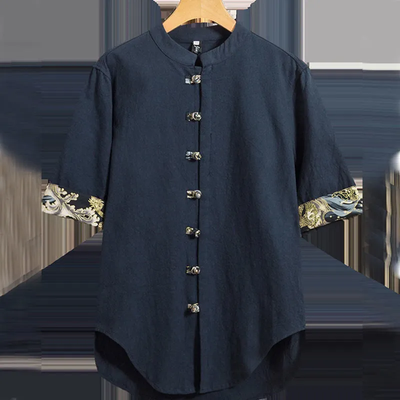 Buddha Stones Men's Frog-Button Colorblock Dragon Waves Half Sleeve Shirt