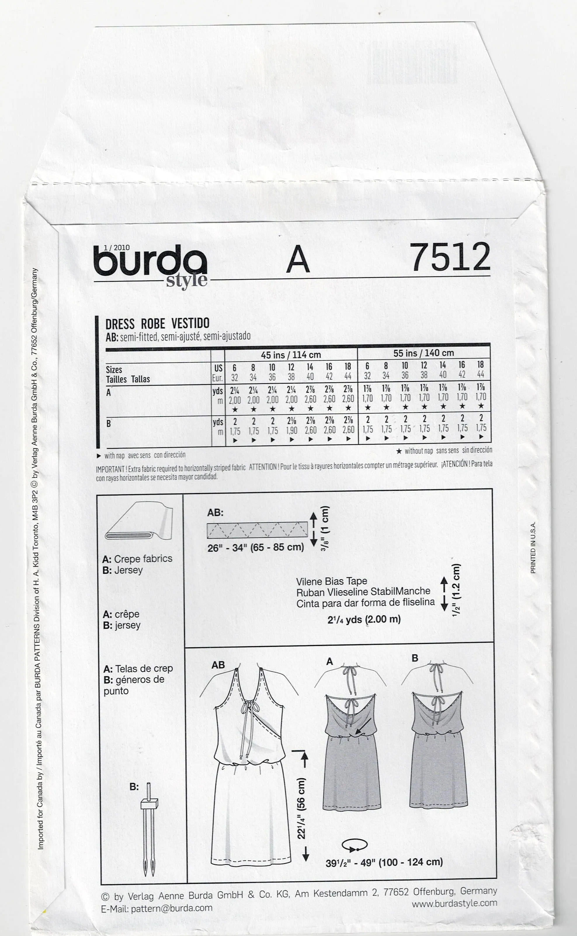 Burda Style 7512 Womens Halter Sundress or Evening Dress Out Of Print Sewing Pattern Sizes 6 - 18 UNCUT Factory Folded