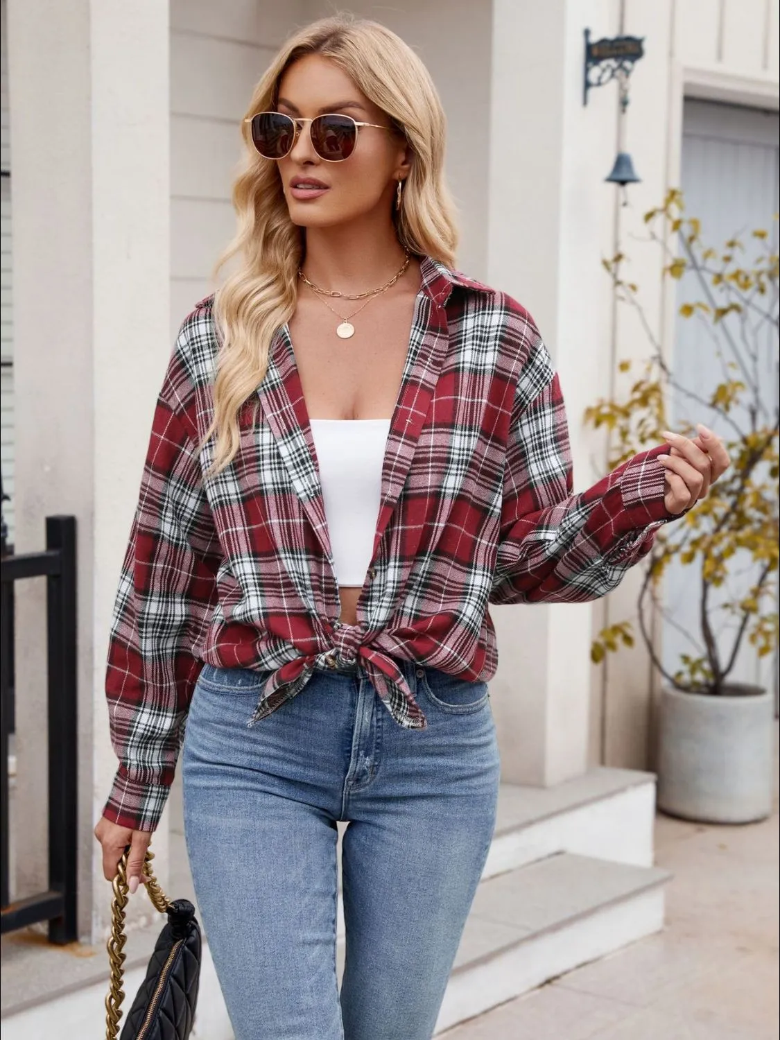 Calista Pocketed Plaid Collared Neck Long Sleeve Shirt