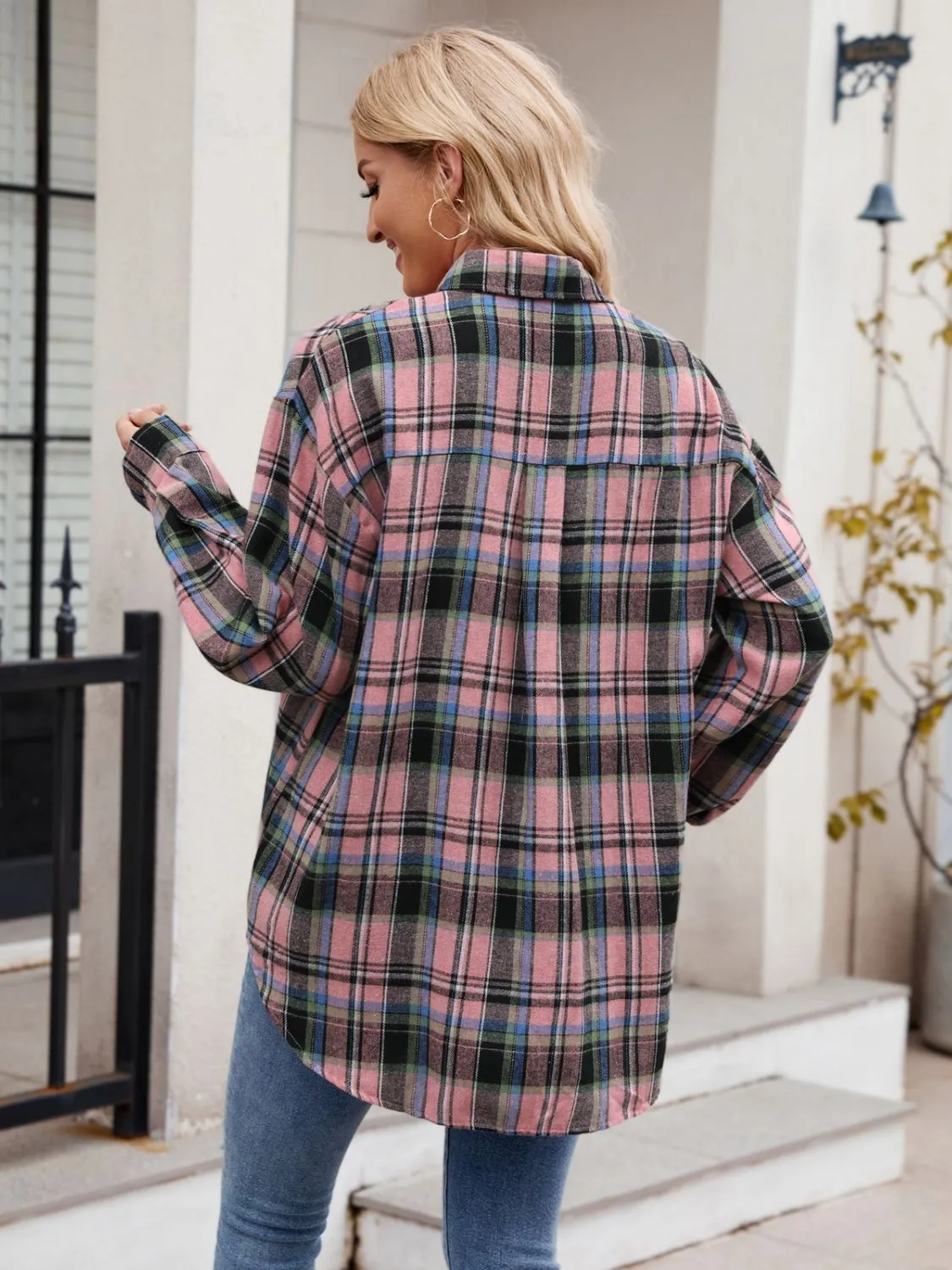 Calista Pocketed Plaid Collared Neck Long Sleeve Shirt