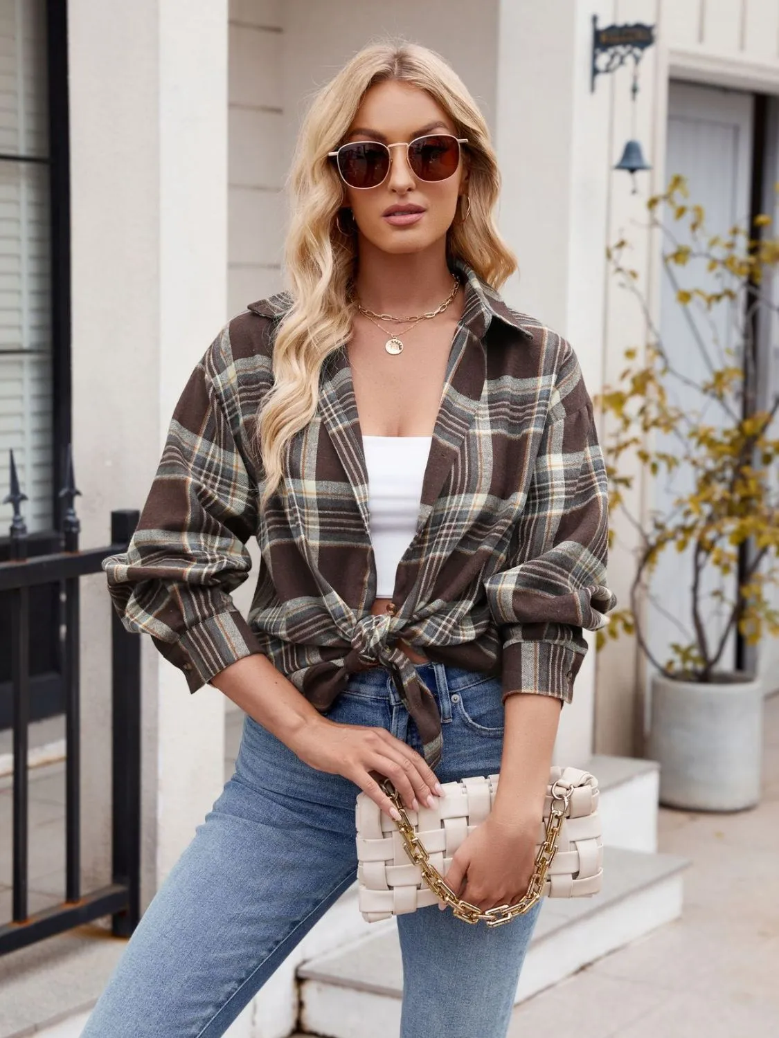 Calista Pocketed Plaid Collared Neck Long Sleeve Shirt