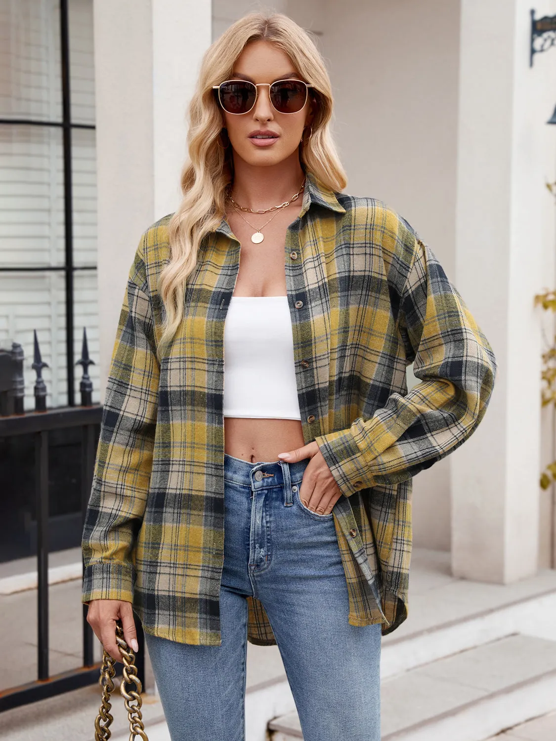 Calista Pocketed Plaid Collared Neck Long Sleeve Shirt