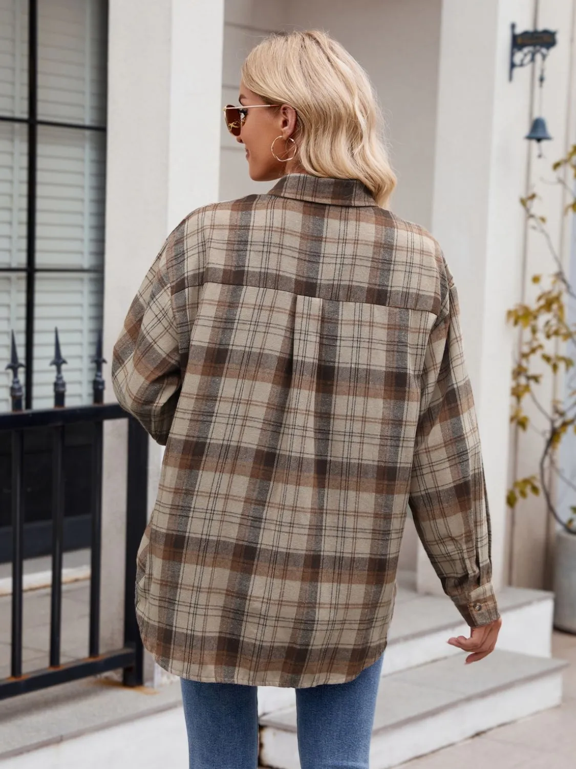 Calista Pocketed Plaid Collared Neck Long Sleeve Shirt