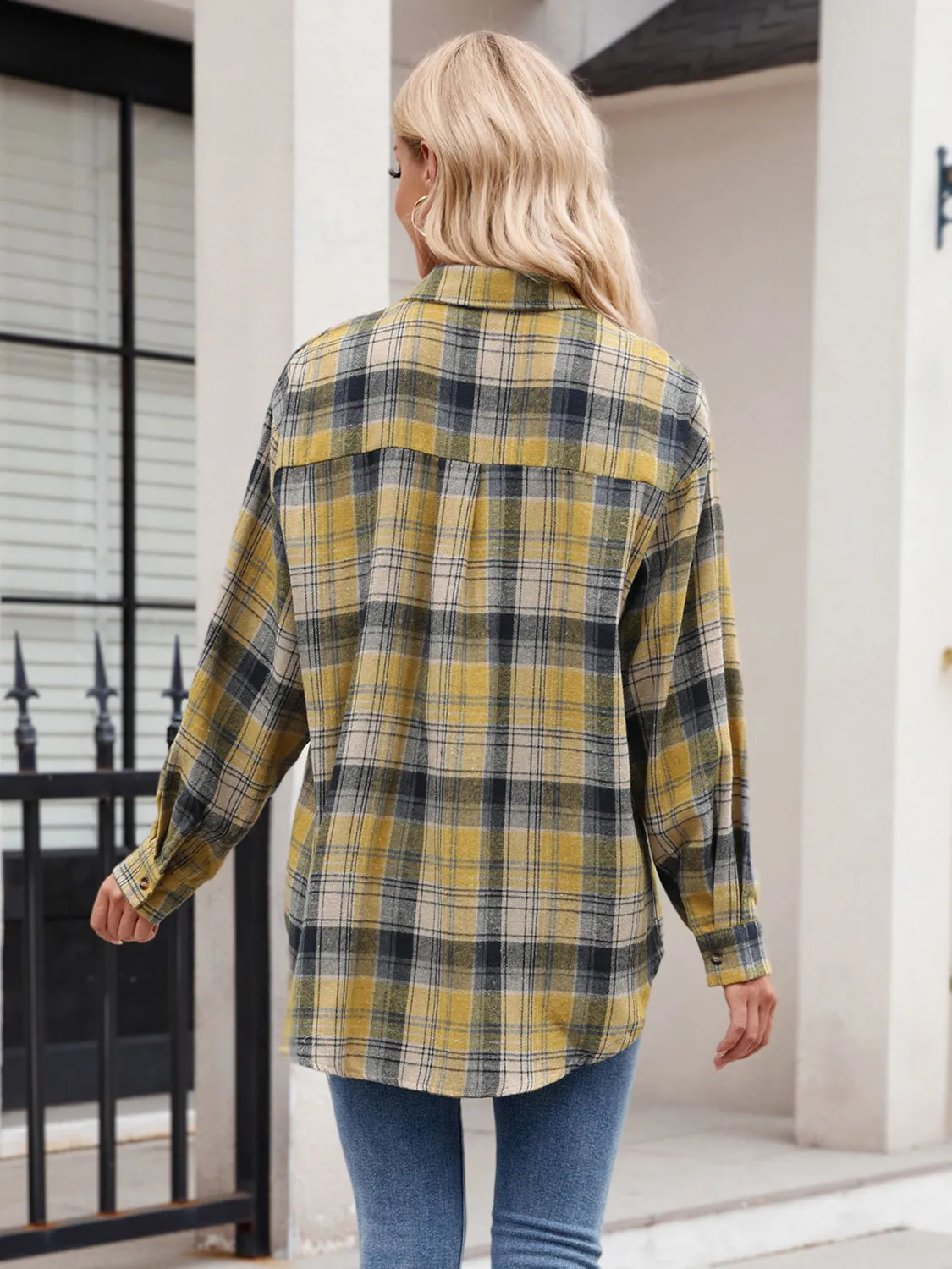 Calista Pocketed Plaid Collared Neck Long Sleeve Shirt