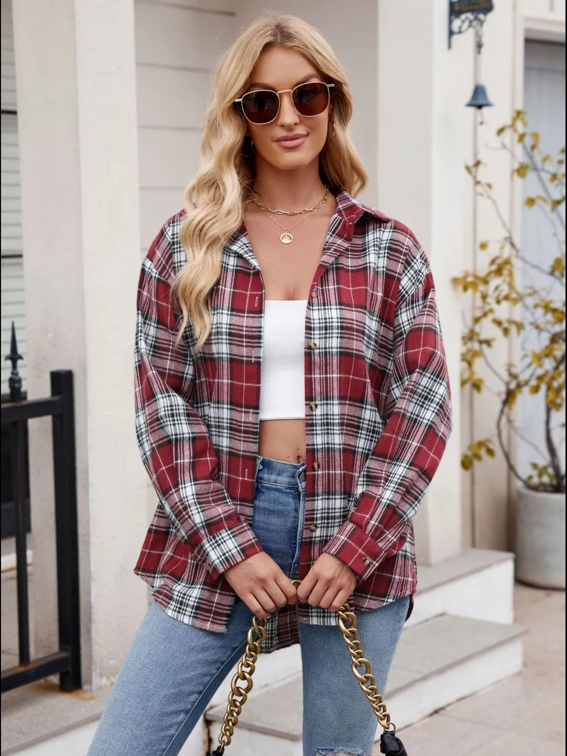 Calista Pocketed Plaid Collared Neck Long Sleeve Shirt
