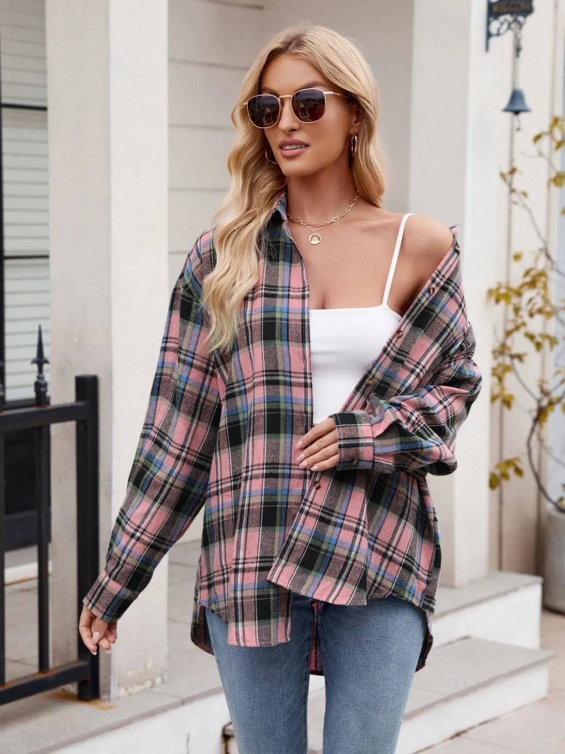 Calista Pocketed Plaid Collared Neck Long Sleeve Shirt