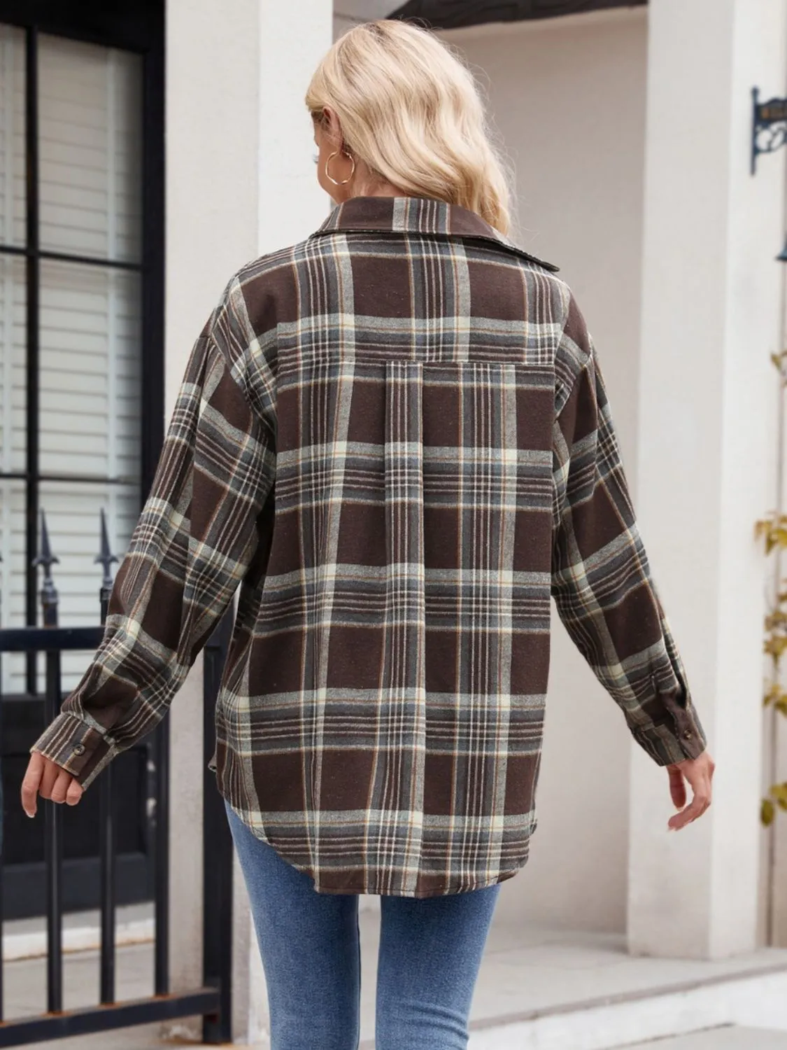 Calista Pocketed Plaid Collared Neck Long Sleeve Shirt